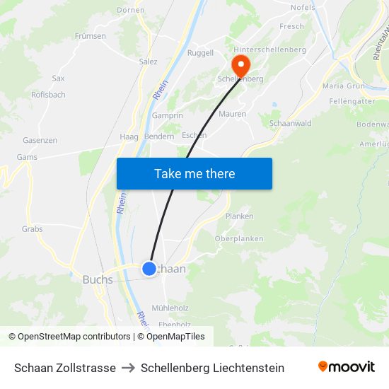 Schaan Zollstrasse to Schellenberg Liechtenstein map