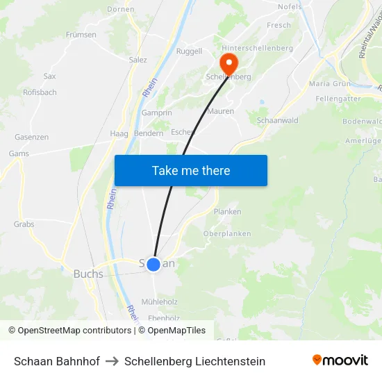 Schaan Bahnhof to Schellenberg Liechtenstein map