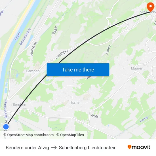 Bendern under Atzig to Schellenberg Liechtenstein map