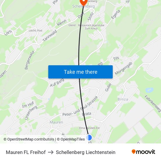 Mauren FL Freihof to Schellenberg Liechtenstein map