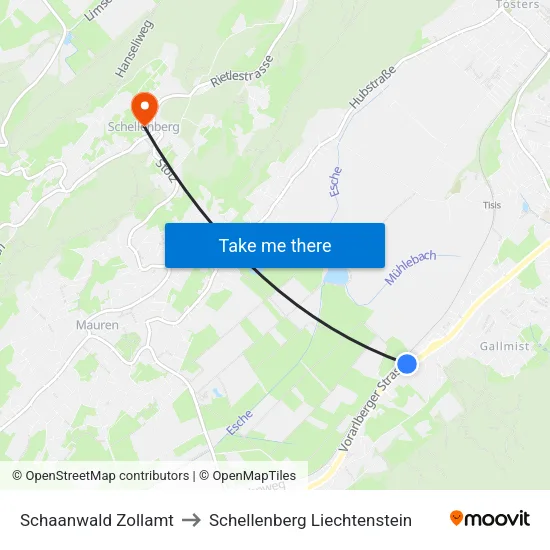 Schaanwald Zollamt to Schellenberg Liechtenstein map