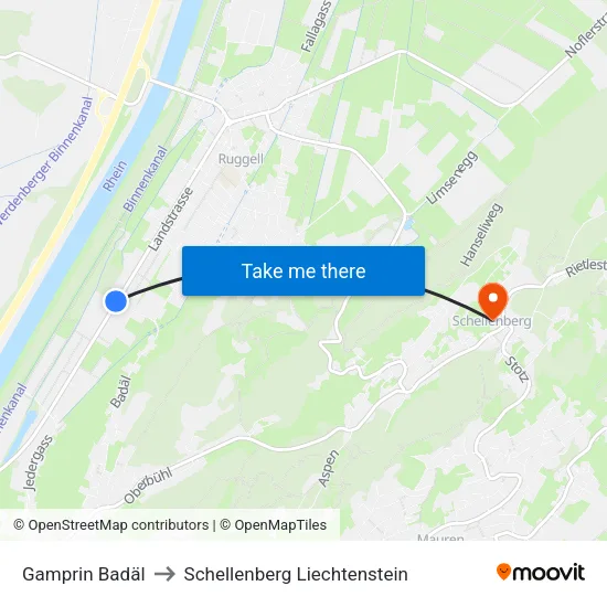 Gamprin Badäl to Schellenberg Liechtenstein map