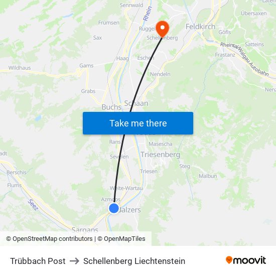 Trübbach Post to Schellenberg Liechtenstein map