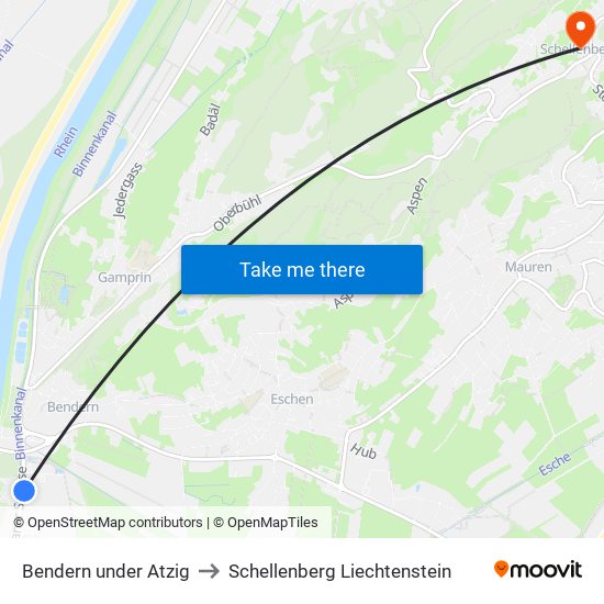 Bendern under Atzig to Schellenberg Liechtenstein map