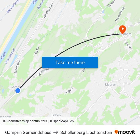 Gamprin Gemeindehaus to Schellenberg Liechtenstein map