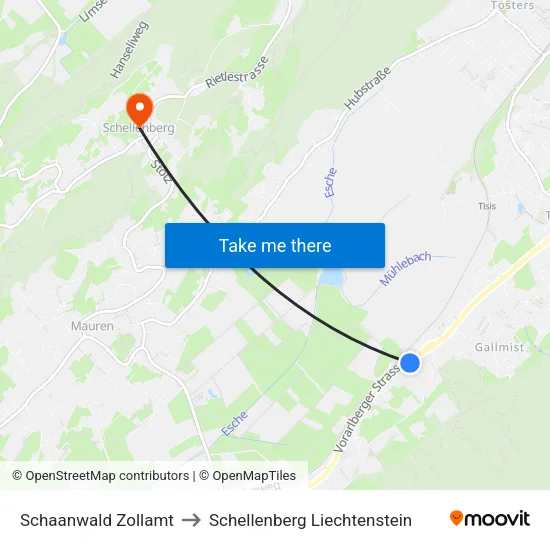 Schaanwald Zollamt to Schellenberg Liechtenstein map