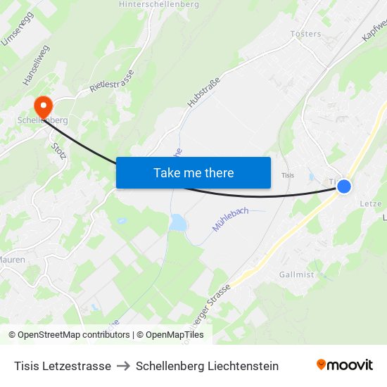 Tisis Letzestrasse to Schellenberg Liechtenstein map