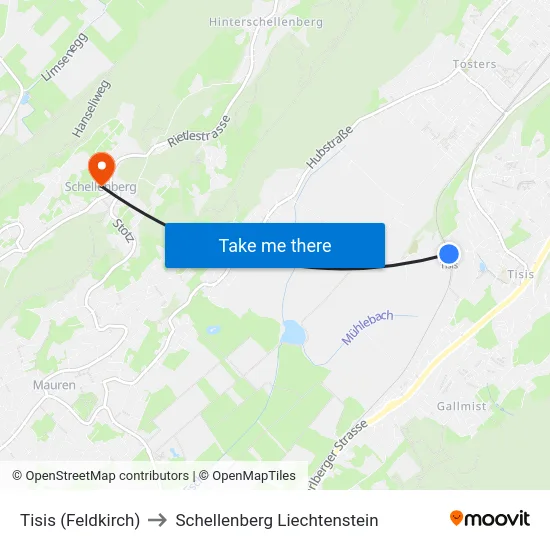 Tisis (Feldkirch) to Schellenberg Liechtenstein map