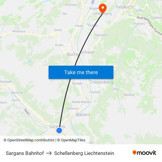 Sargans Bahnhof to Schellenberg Liechtenstein map