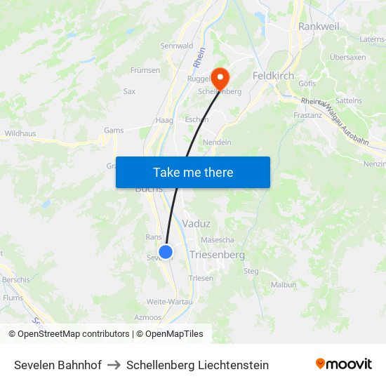 Sevelen Bahnhof to Schellenberg Liechtenstein map