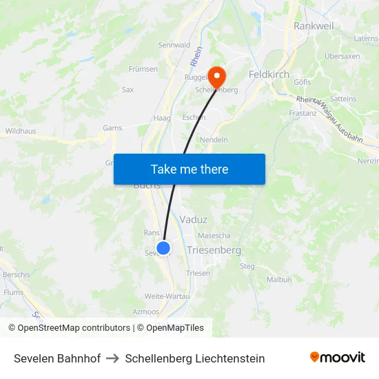 Sevelen Bahnhof to Schellenberg Liechtenstein map