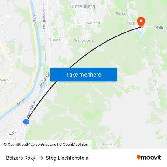 Balzers Roxy to Steg Liechtenstein map