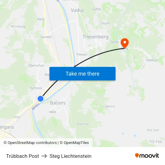 Trübbach Post to Steg Liechtenstein map