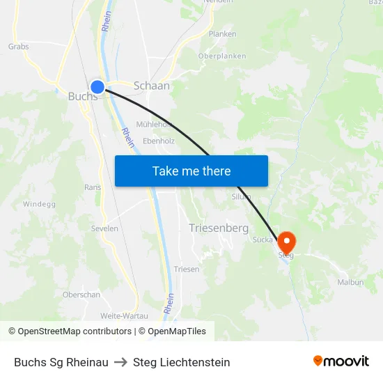 Buchs Sg Rheinau to Steg Liechtenstein map