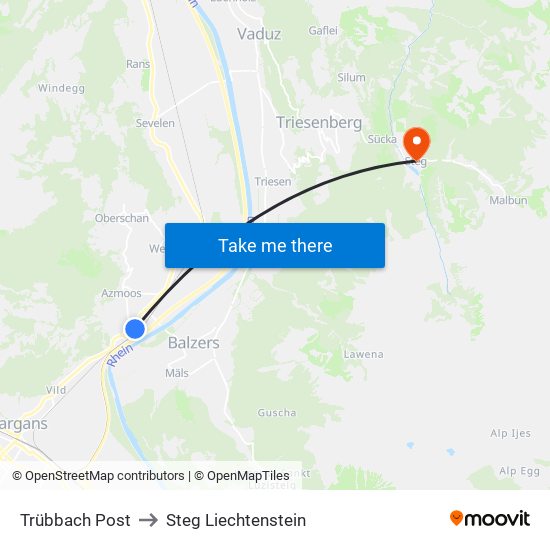 Trübbach Post to Steg Liechtenstein map