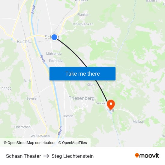 Schaan Theater to Steg Liechtenstein map