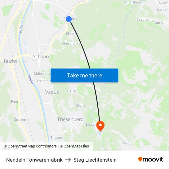 Nendeln Tonwarenfabrik to Steg Liechtenstein map