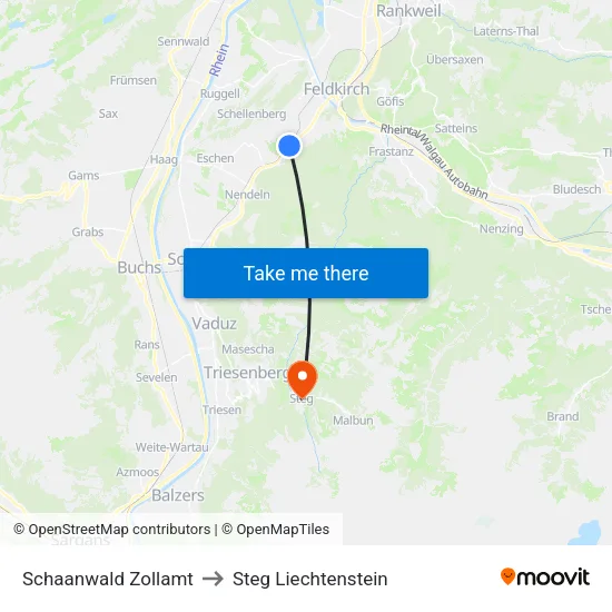 Schaanwald Zollamt to Steg Liechtenstein map