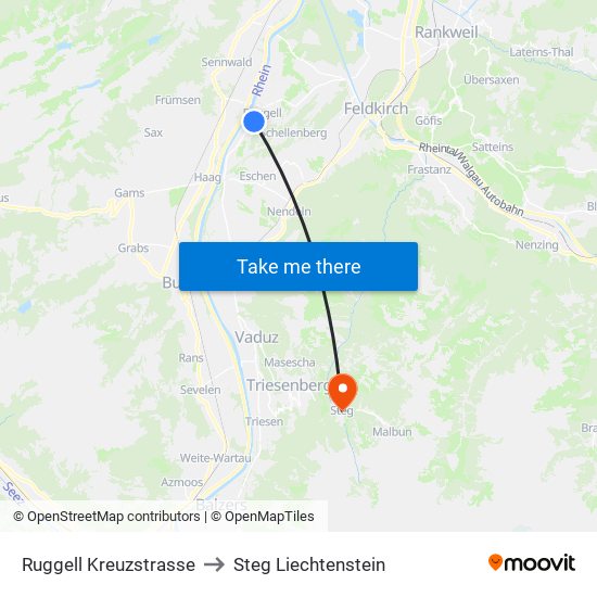 Ruggell Kreuzstrasse to Steg Liechtenstein map