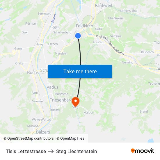Tisis Letzestrasse to Steg Liechtenstein map