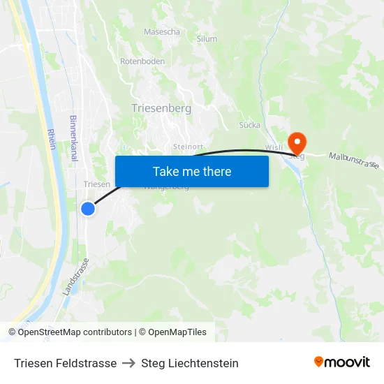 Triesen Feldstrasse to Steg Liechtenstein map