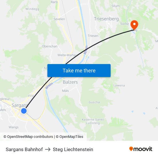 Sargans Bahnhof to Steg Liechtenstein map