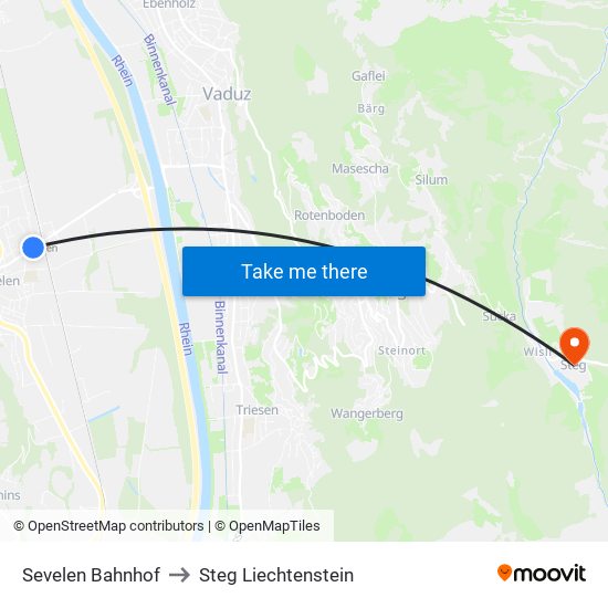 Sevelen Bahnhof to Steg Liechtenstein map