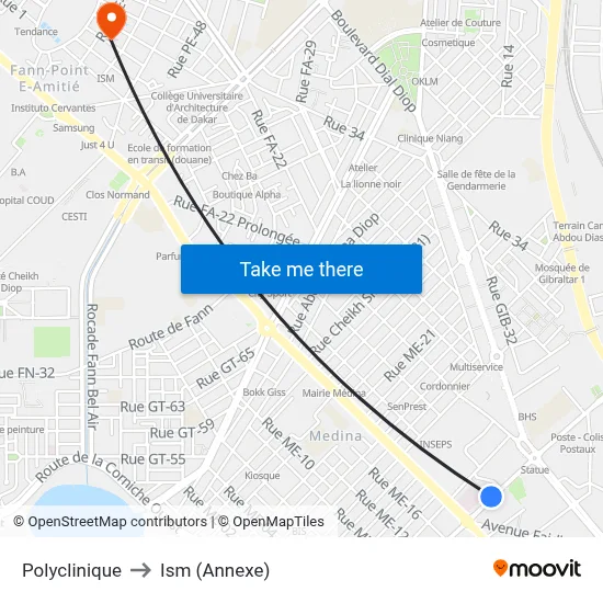 Polyclinique to Ism (Annexe) map