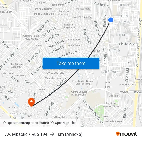 Av. Mbacké / Rue 194 to Ism (Annexe) map