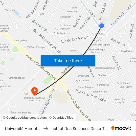 Université Hamptate to Institut Des Sciences De La Terre map