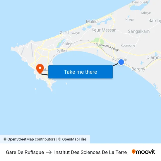 Gare De Rufisque to Institut Des Sciences De La Terre map