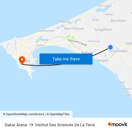 Dakar Arena to Institut Des Sciences De La Terre map