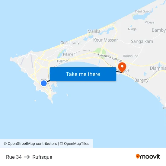 Rue 34 to Rufisque map