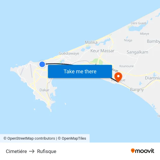 Cimetiére to Rufisque map
