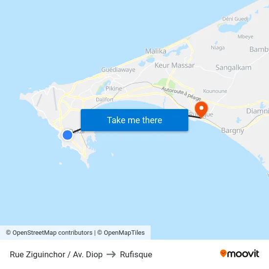 Rue Ziguinchor / Av. Diop to Rufisque map