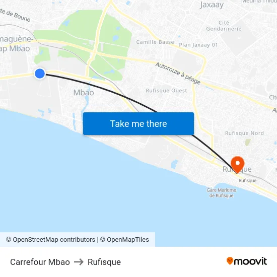 Carrefour Mbao to Rufisque map