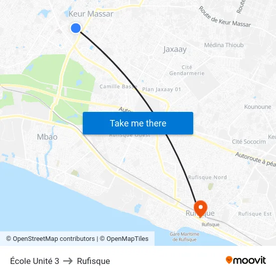 École Unité 3 to Rufisque map