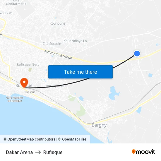 Dakar Arena to Rufisque map