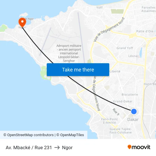 Av. Mbacké / Rue 231 to Ngor map