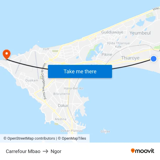 Carrefour Mbao to Ngor map