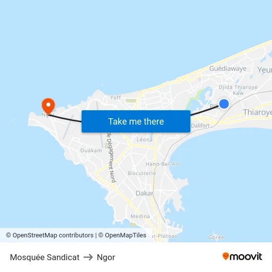 Mosquée Sandicat to Ngor map