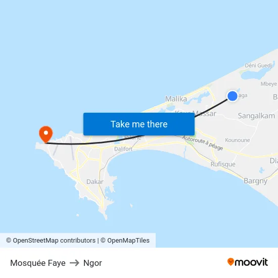 Mosquée Faye to Ngor map