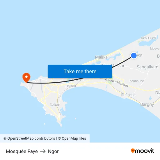 Mosquée Faye to Ngor map