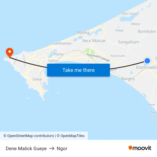 Dene Malick Gueye to Ngor map