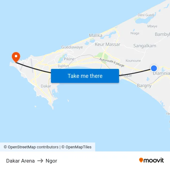 Dakar Arena to Ngor map