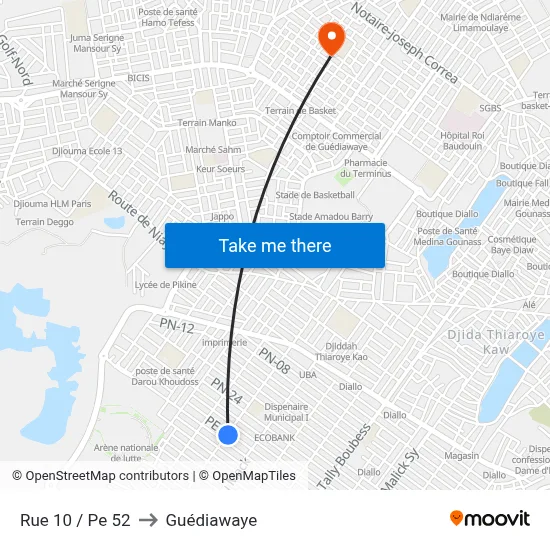 Rue 10 / Pe 52 to Guédiawaye map