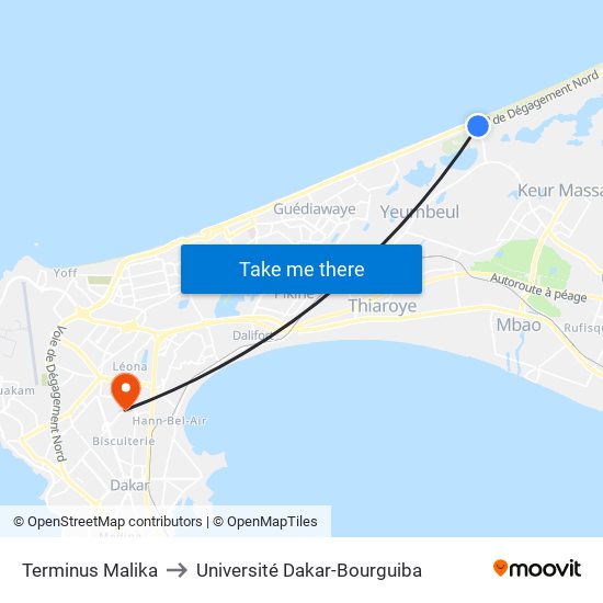 Terminus Malika to Université Dakar-Bourguiba map