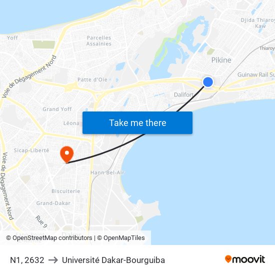 N1, 2632 to Université Dakar-Bourguiba map