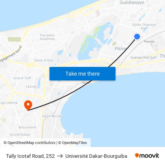 Tally Icotaf Road, 252 to Université Dakar-Bourguiba map