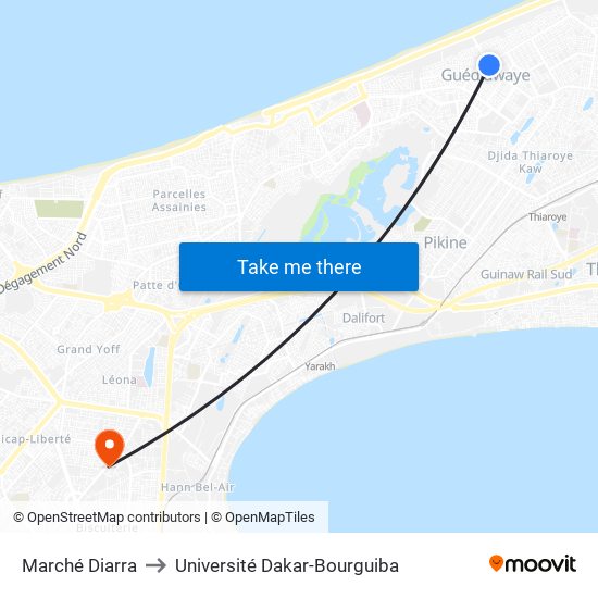 Marché Diarra to Université Dakar-Bourguiba map